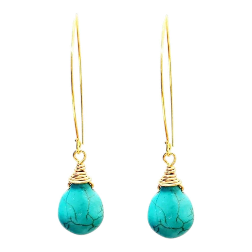 CURATED by Kira MINU Jewels turquoise teardrop dangle earrings with gold tone wire wrap detail