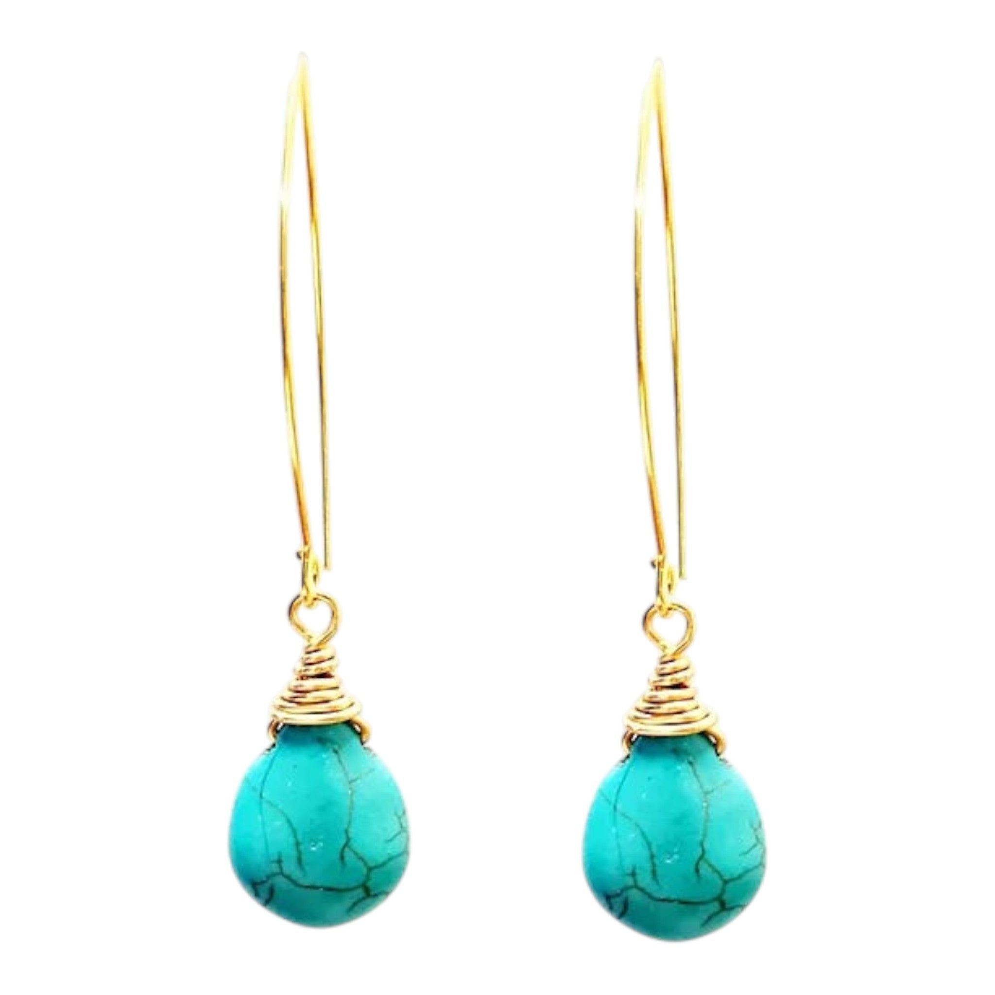 CURATED by Kira MINU Jewels turquoise teardrop dangle earrings with gold tone wire wrap detail