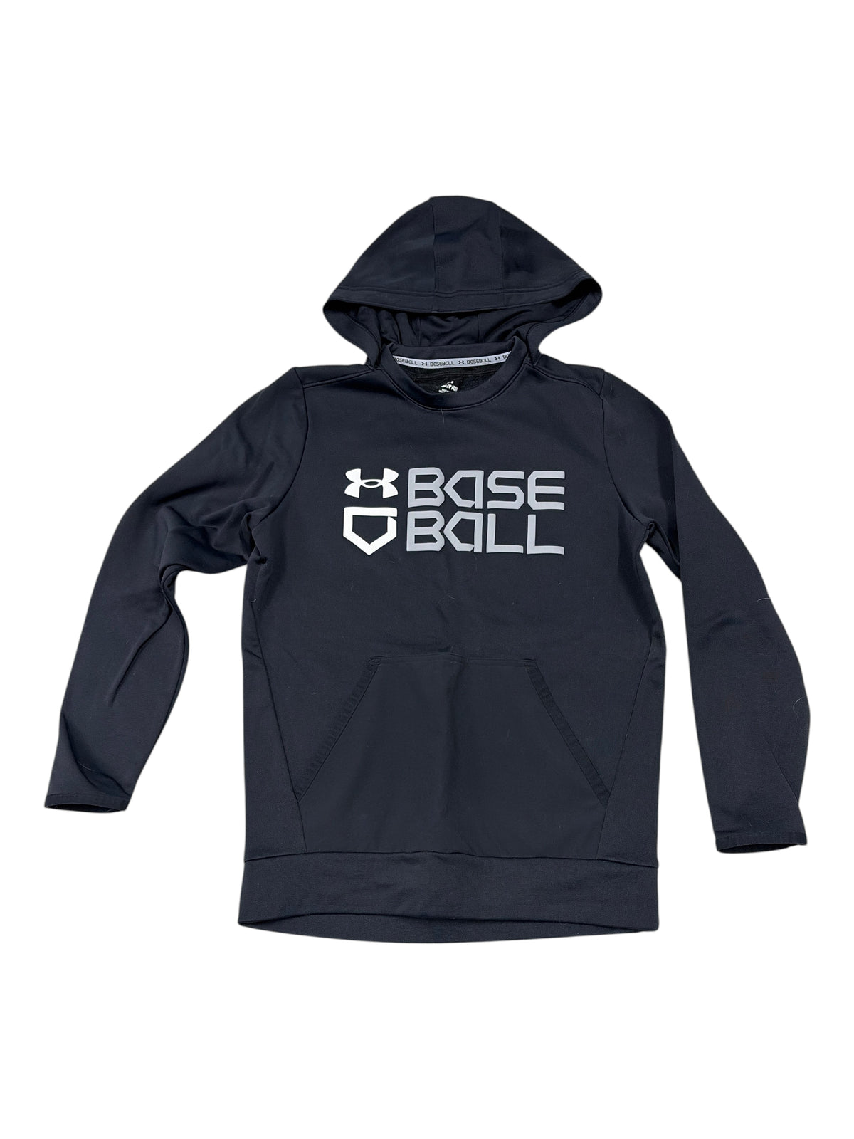 CURATED by Kira Under Armour black athletic hoodie with white BASEBALL chest graphic and home plate logo