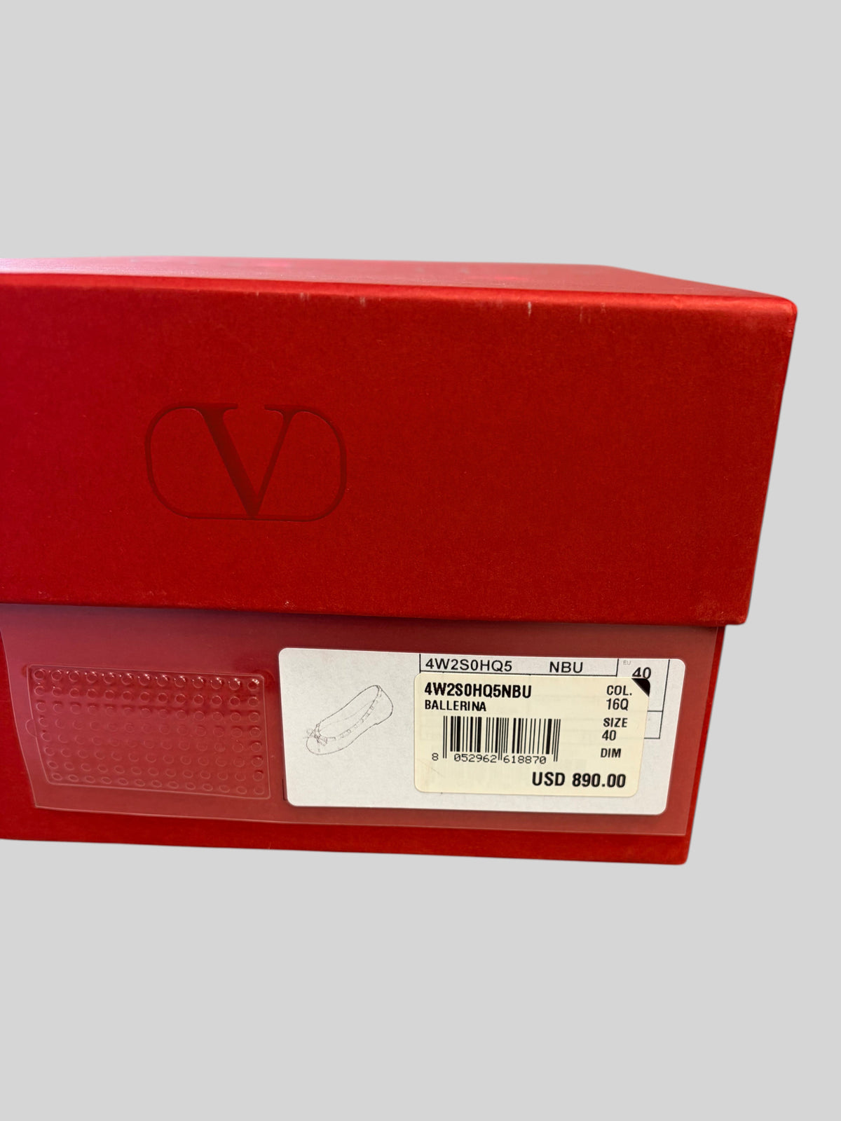 CURATED by Kira Valentino Garavani Rockstud ballerina flats box in red with product label and size 40 information