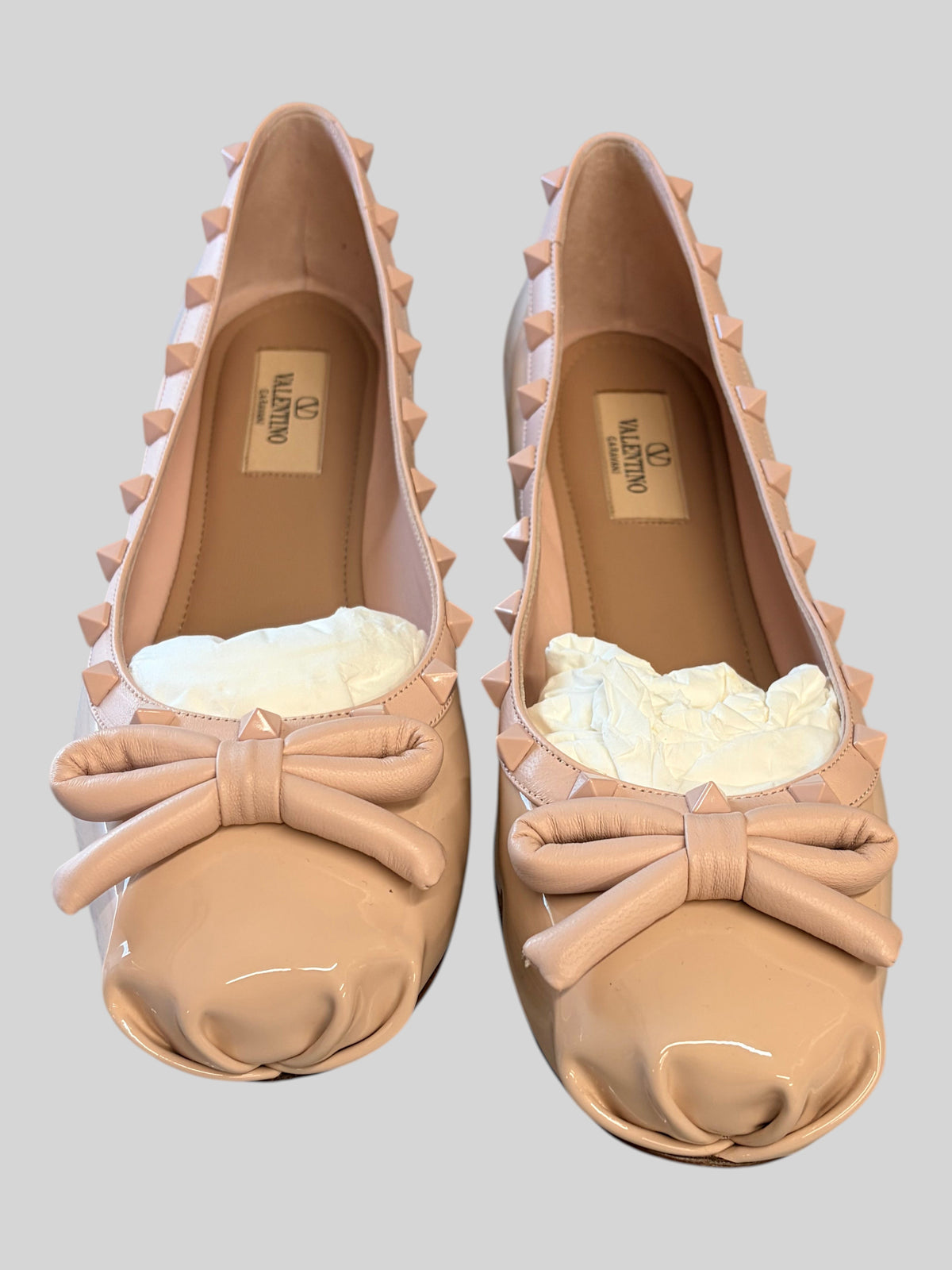 CURATED by Kira Valentino Garavani rose quartz patent nappa leather ballerina flats with signature pyramid studs