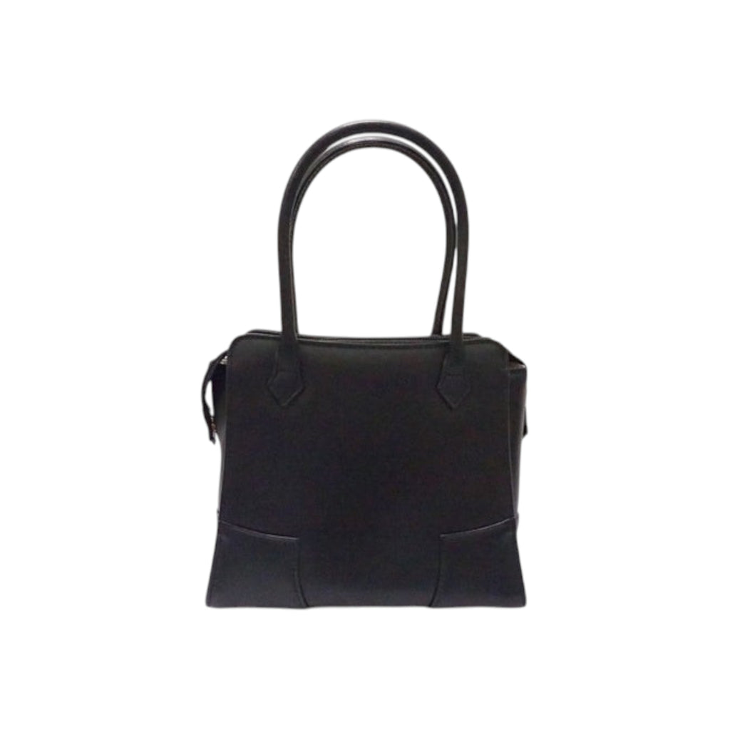 CURATED by Kira Vivienne Westwood black enamel handbag with structured silhouette and dual top handles