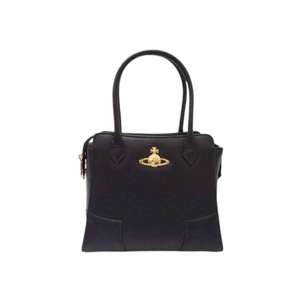 CURATED by Kira Vivienne Westwood black enamel handbag with gold orb logo emblem and top handles