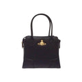 CURATED by Kira Vivienne Westwood black enamel handbag with gold orb logo emblem and top handles