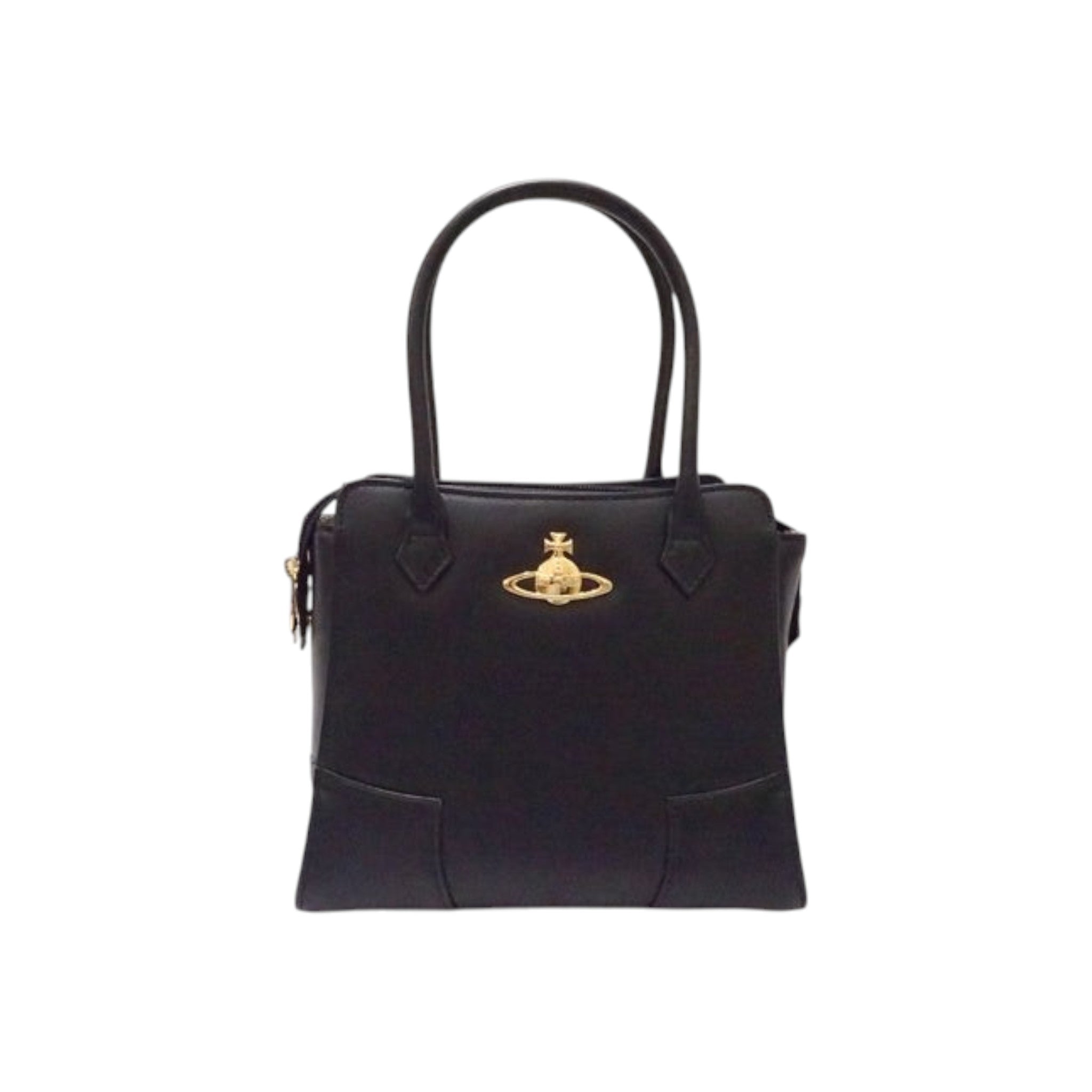 CURATED by Kira Vivienne Westwood black enamel handbag with gold orb logo emblem and top handles