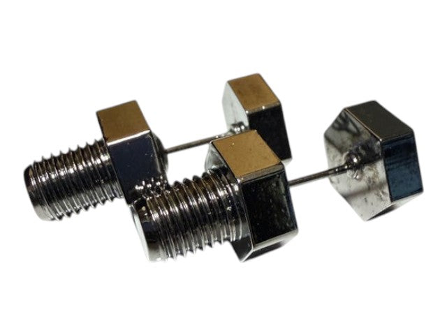 CURATED by Kira Vivienne Westwood silver stud earrings shaped like industrial bolts with a polished metallic finish