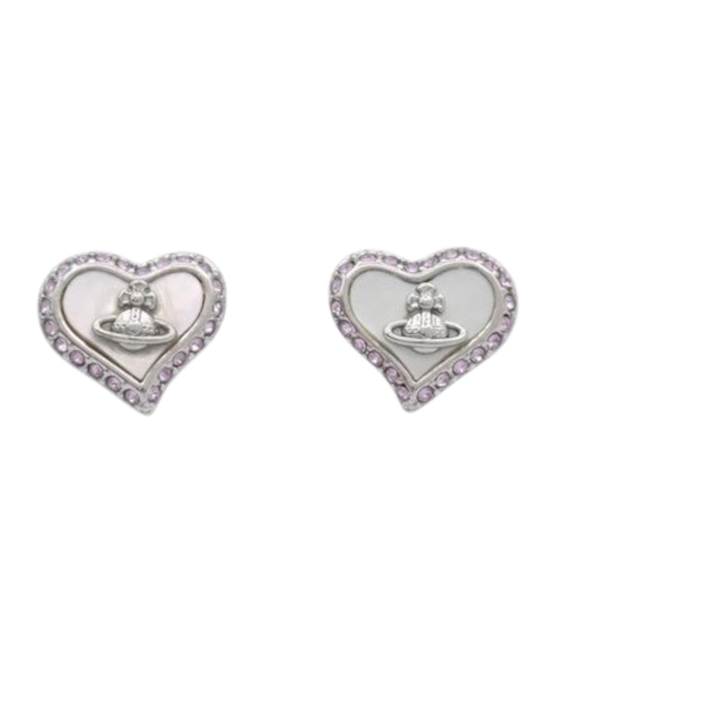 CURATED by Kira Vivienne Westwood silver heart-shaped earrings with central orb logo and crystal-embellished border