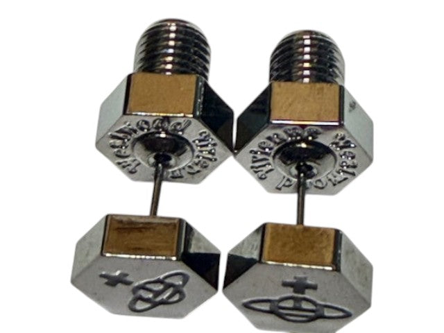 CURATED by Kira Vivienne Westwood silver nut and bolt stud earrings with iconic orb logo engraving