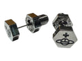 CURATED by Kira Vivienne Westwood silver stud earrings featuring a hexagonal nut design with the iconic orb logo