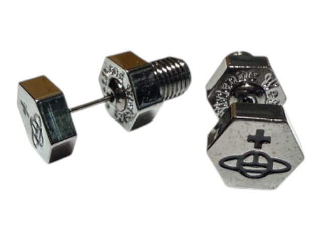 CURATED by Kira Vivienne Westwood silver stud earrings featuring a hexagonal nut design with the iconic orb logo