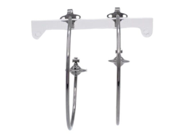 CURATED by Kira Vivienne Westwood silver hoop earrings featuring the iconic orb logo design on a white display stand
