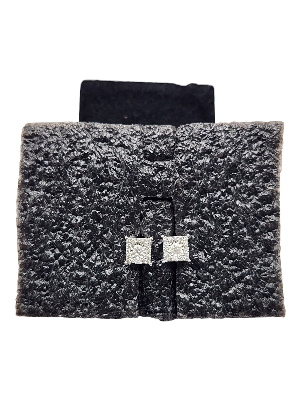 CURATED by Kira 14K white gold square halo diamond stud earrings with 1/3 CTTW, displayed on a black velvet stand.