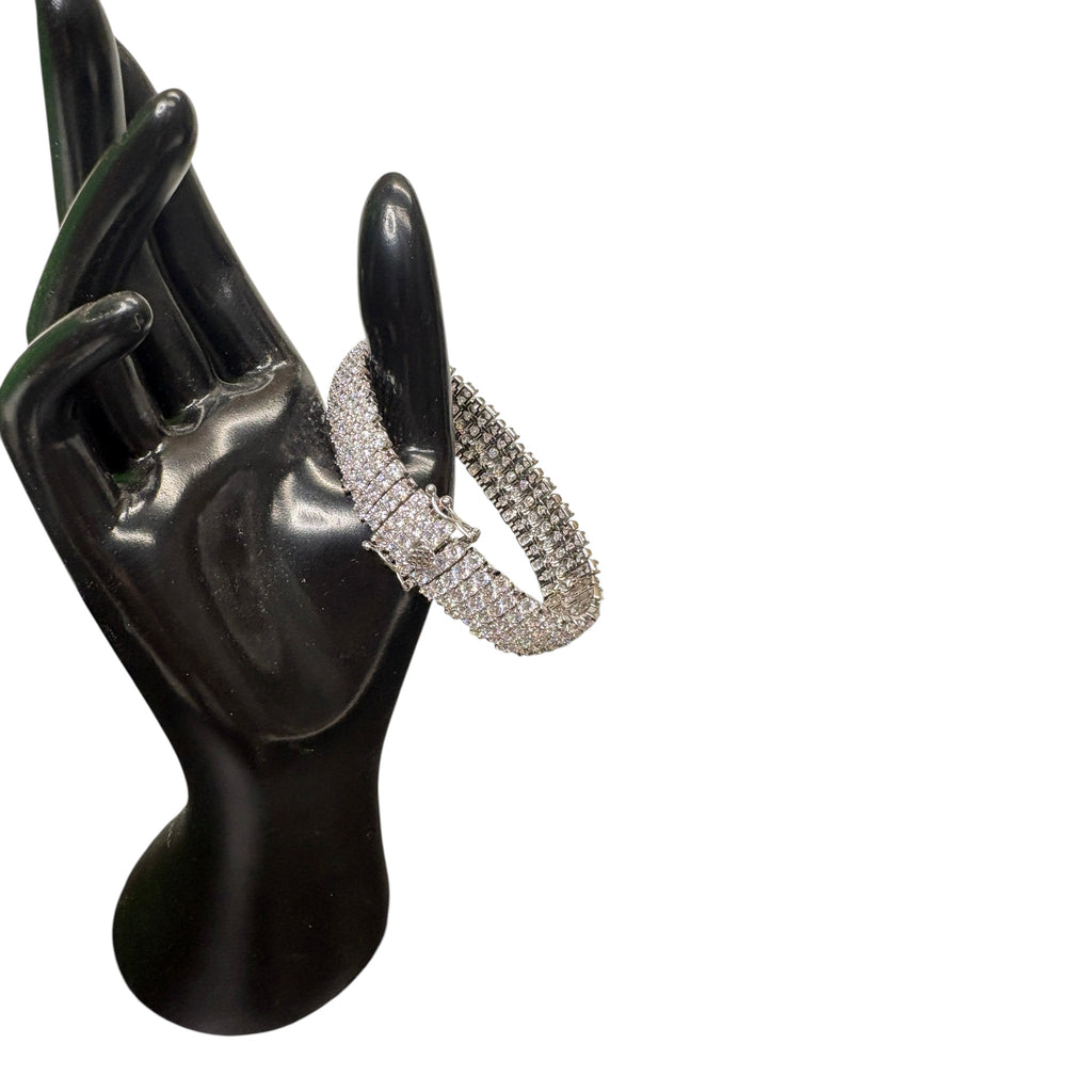 CURATED by Kira wide 5-row sterling silver tennis bracelet featuring round-cut cubic zirconia on a black display hand