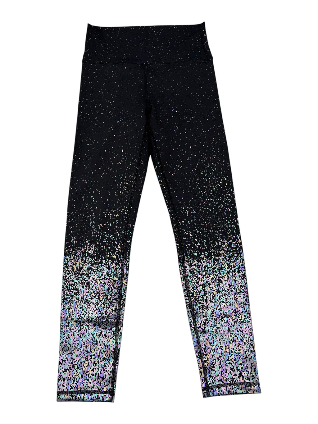 CURATED by Kira ZYIA Active black high-waisted leggings with iridescent metallic speckle ombre reflective pattern.