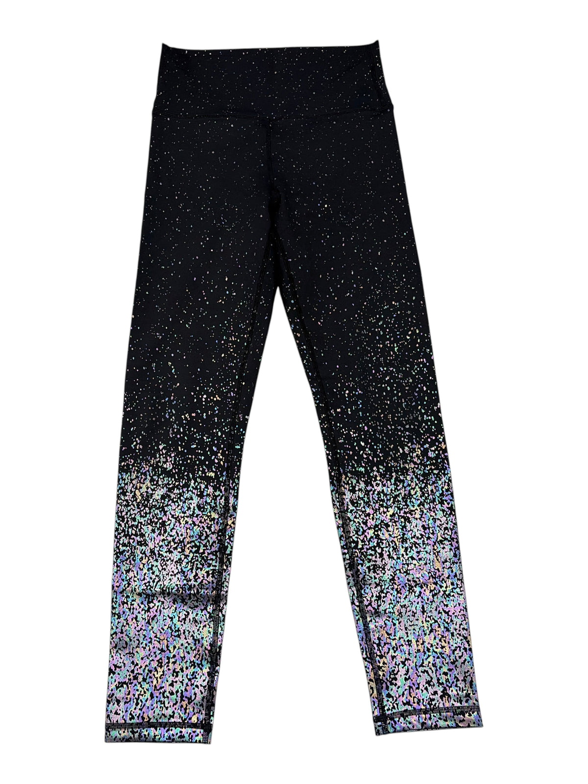 CURATED by Kira ZYIA Active black high-waisted leggings with iridescent metallic speckle ombre reflective pattern.
