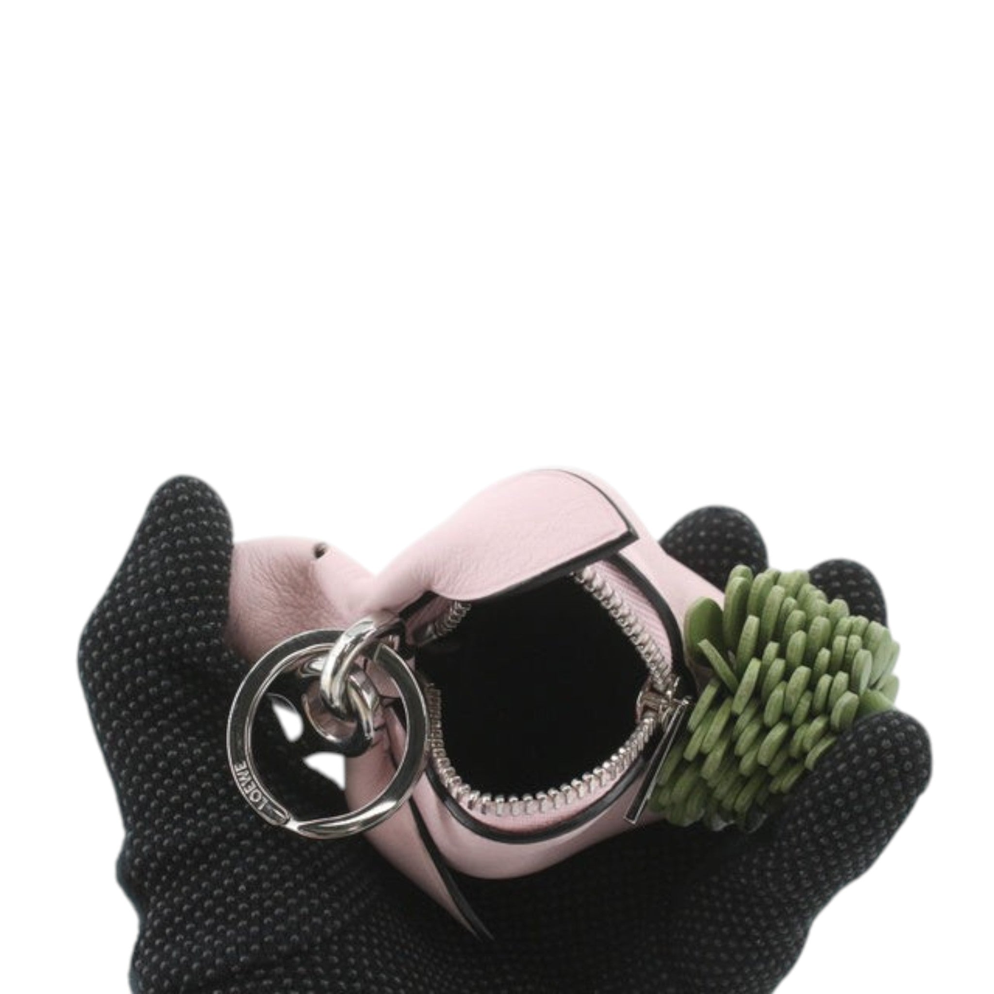 CURATED by Loewe pink leather charm with green pom-pom detail and silver keyring.