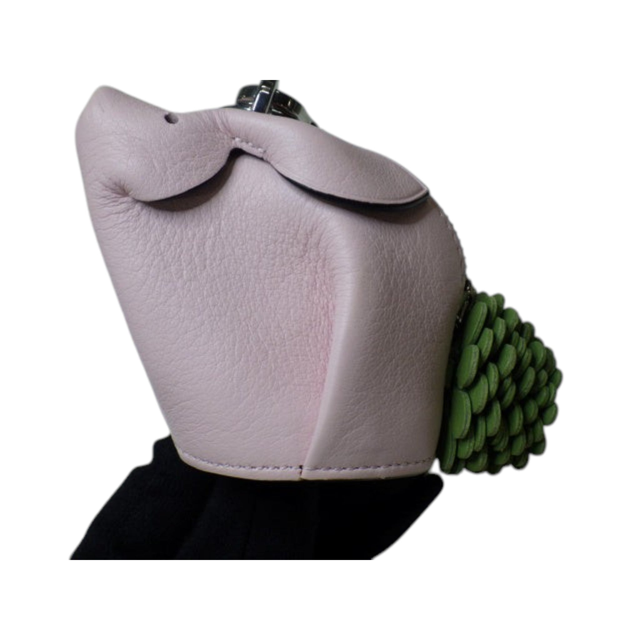 CURATED by Loewe pink leather pig charm with green scaled tail and silver keyring.