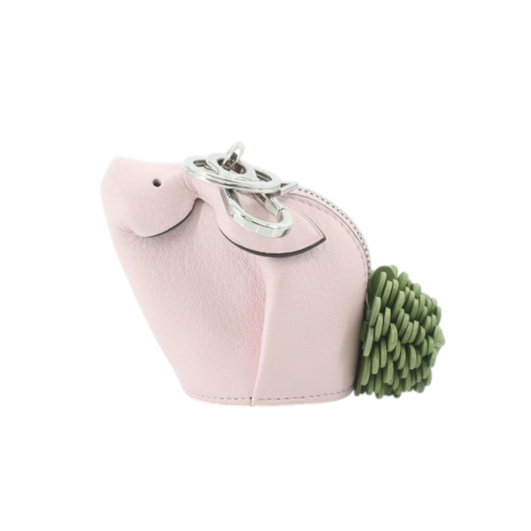 CURATED by Loewe pink leather pig charm with green tassel tail and silver keyring