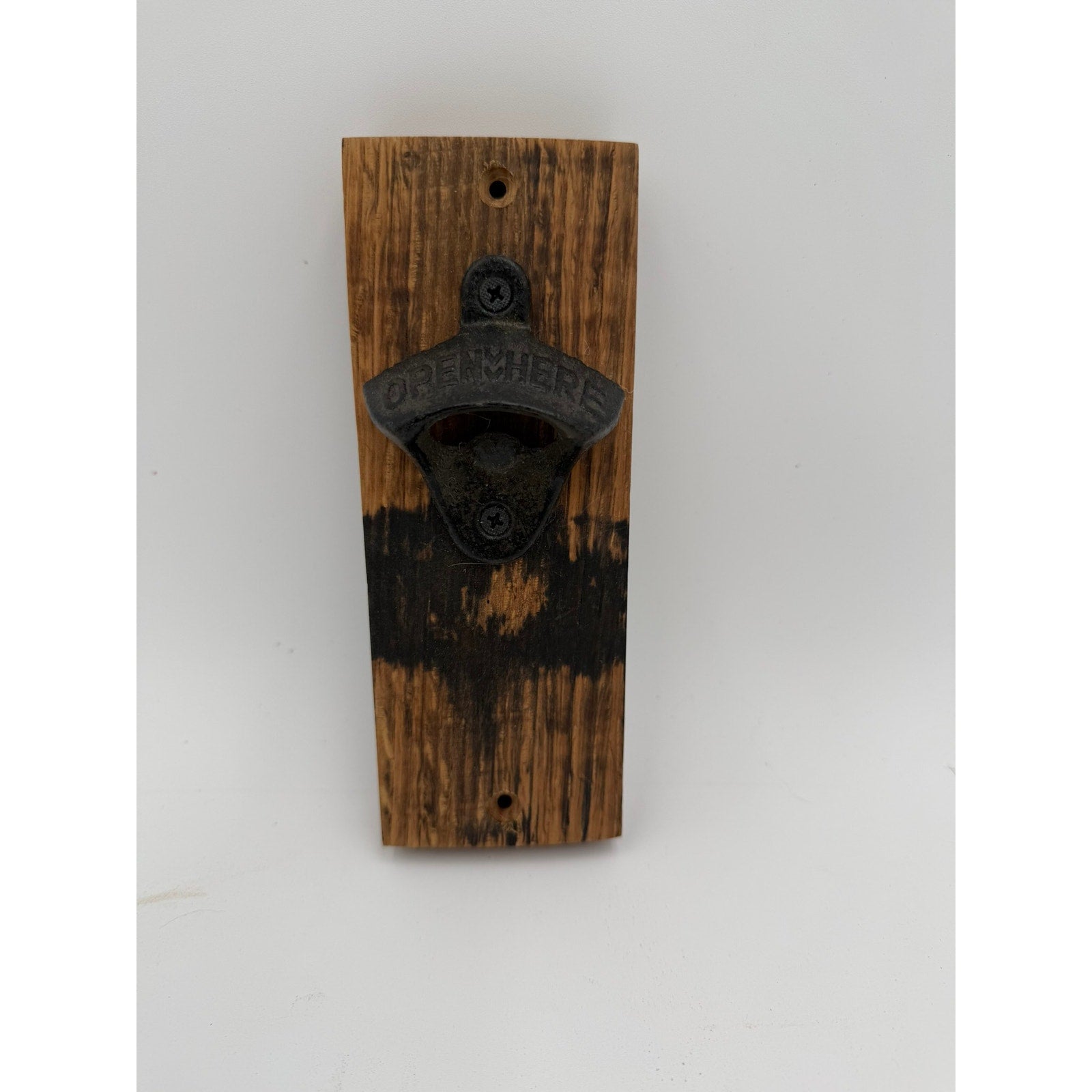 Whiskey Barrel Stave Wall Bottle Opener, rustic bar decor, mounts to wall or cabinet, sturdy cast iron, reclaimed oak