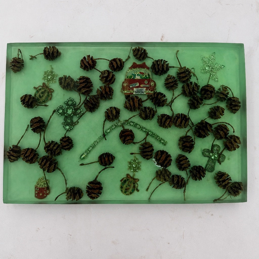 Christmas Theme Charcuterie Board, Green Epoxy, Pine Cone Accents, Handcrafted, 12x8x1.25