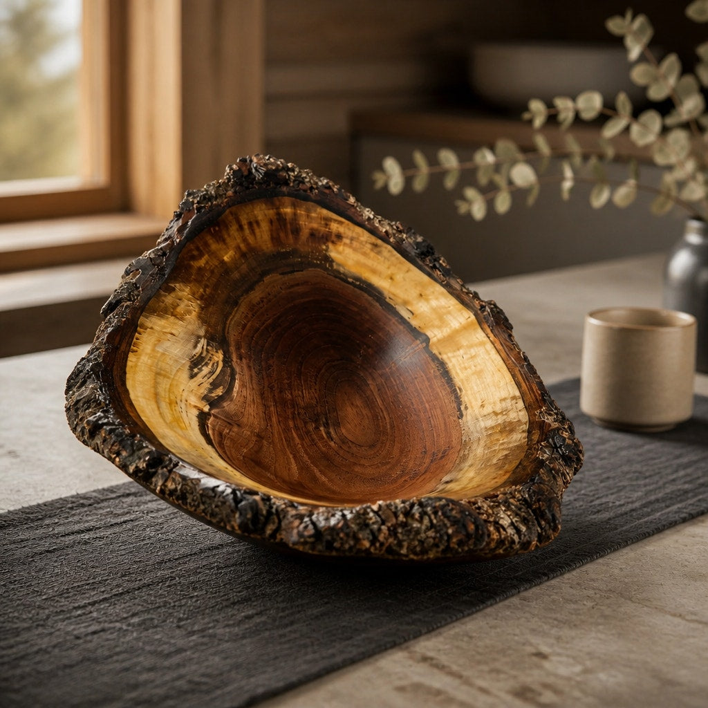 Live Edge Walnut Bark Rim Hand Turned Bowl, 11x8 size, 4.5 in tall, food safe finish, rustic centerpiece, artisan made
