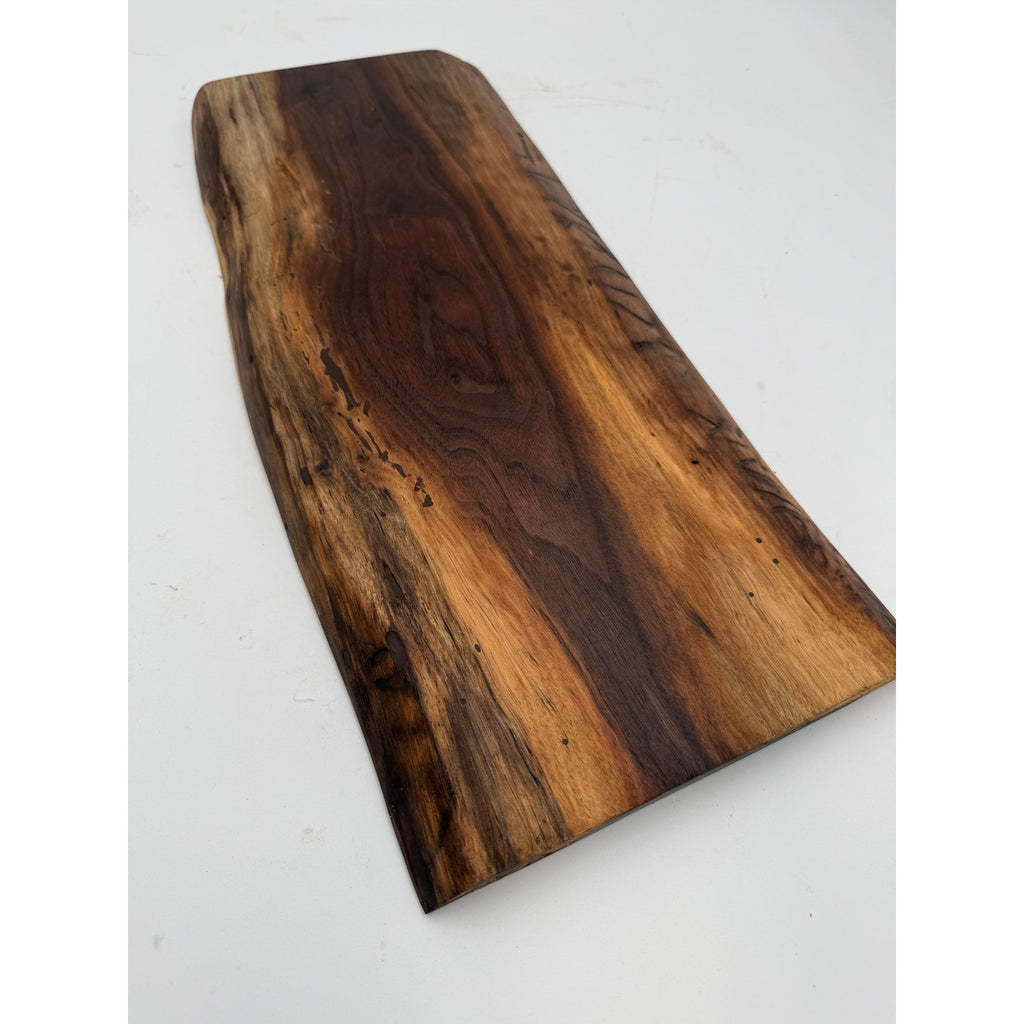 Live Edge Walnut Charcuterie Board Platter, rich dark coloring, intricate grain pattern, handcrafted, 18x8x1.1 in