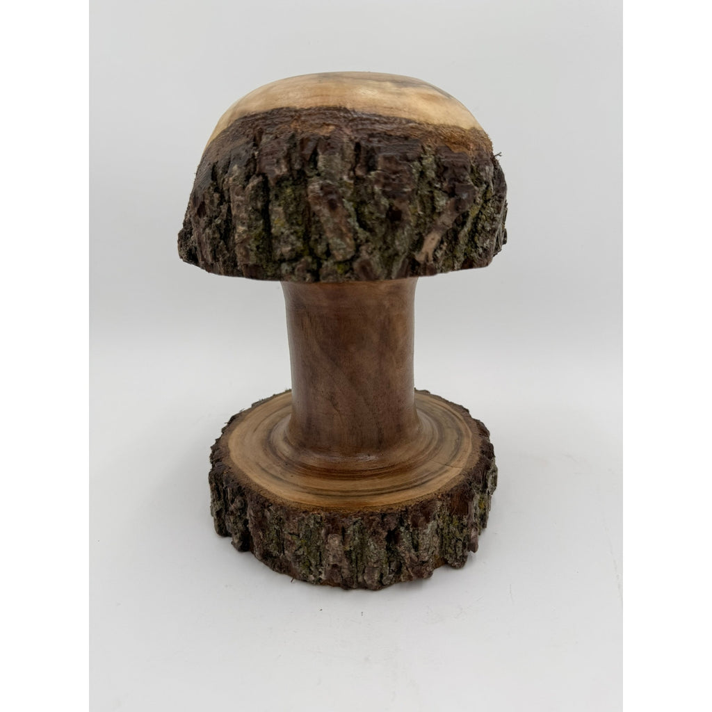 Live Edge Walnut Mushroom Tabletop Ornament, artisan woodturning, bark-on base and cap, natural walnut, 7" diameter, 9.5" height (SKU 1254)