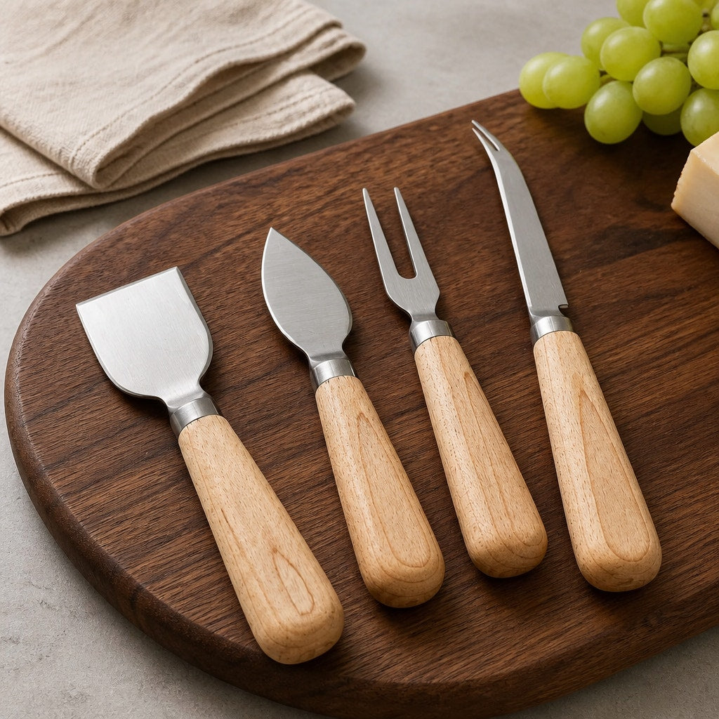 Handcrafted Cheese Knife Set for Entertaining, 4-piece kit, stainless steel blades, food safe, maple or sapele handles