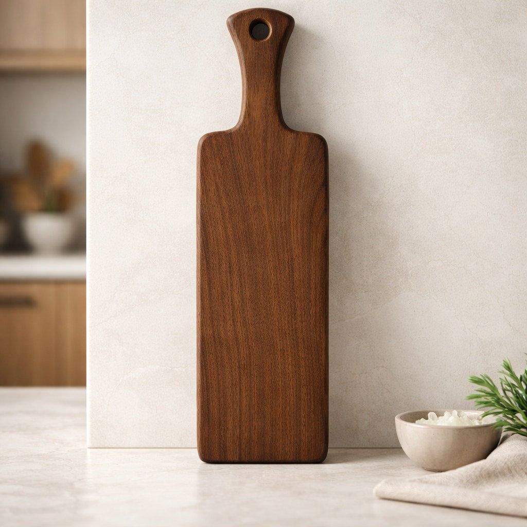 Walnut Charcuterie Board with Handle, 14.25 x 3.75 x .75, food safe finish, slim serving paddle, decorative kitchen gift