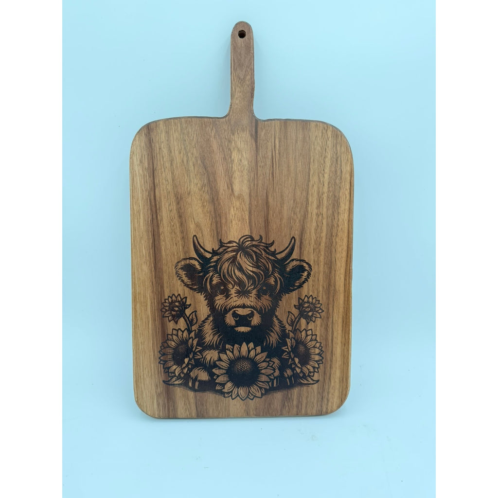 Walnut Charcuterie Board, Wood Burned Cow and Daisies, Handmade Serving Board, Unique Cheese Platter, High Quality