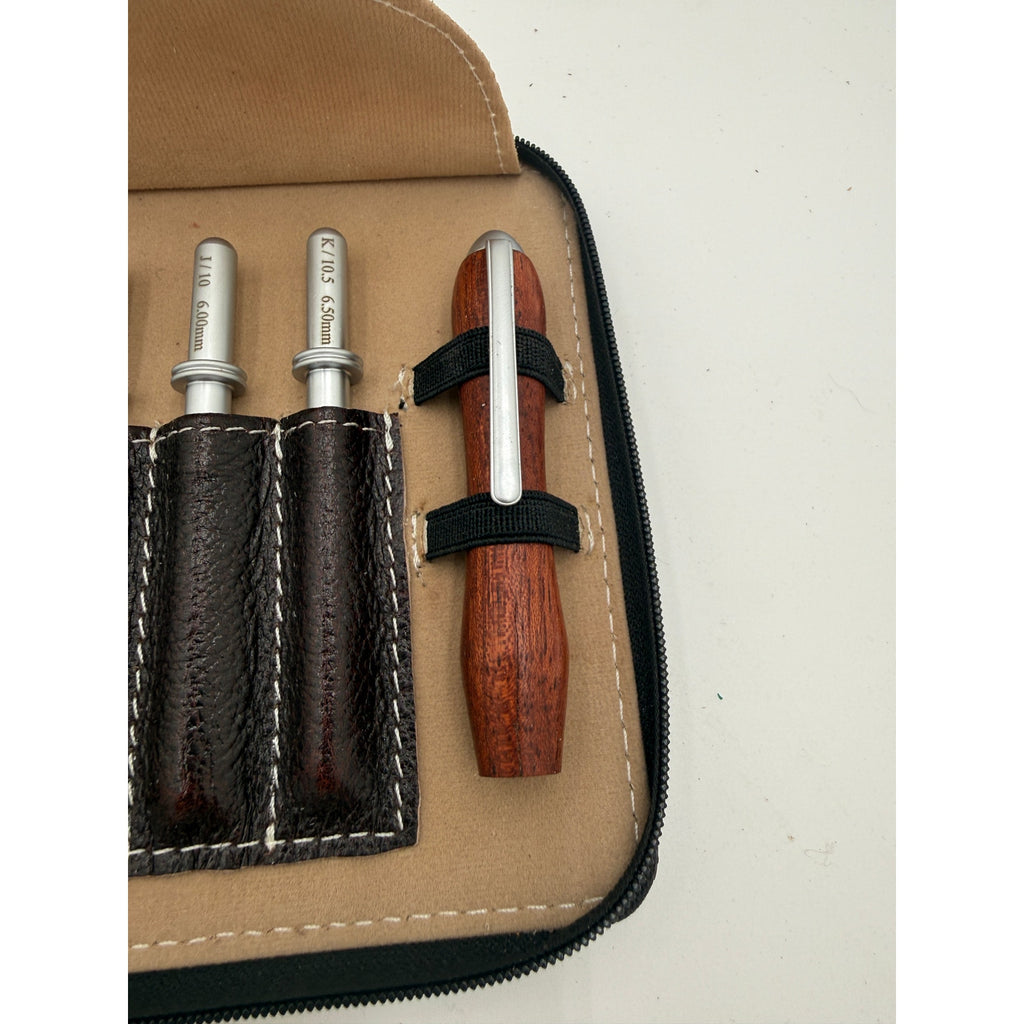 Hand Turned Crochet Hook Set, 9 Sizes, Interchangeable Handle, Leather Case, SKU 1554 1555