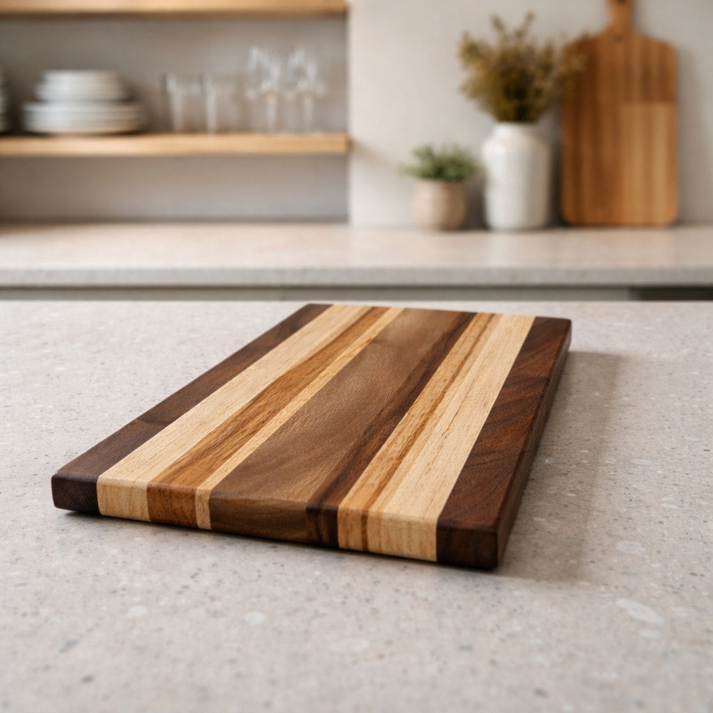 Compact Handmade Wood Cutting Board for Chefs, 11.75 x 7.5 x 1.5, edge grain, assorted hardwood mix, board oil conditioned