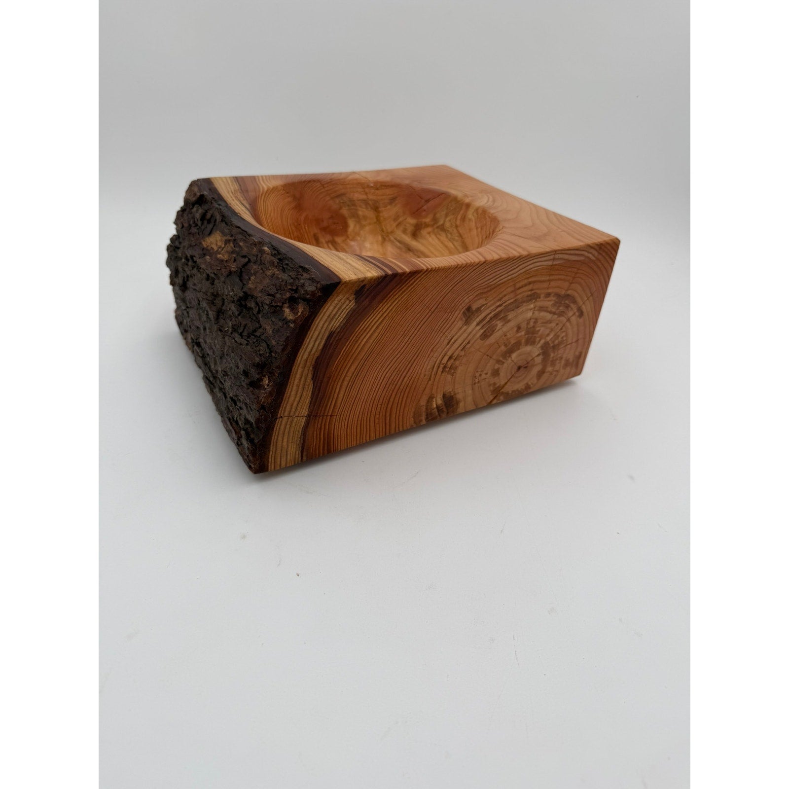 Natural edge fir wood centerpiece bowl, handmade rustic decor, live bark rim, 10.5 x 8.5 x 4.75 in, functional and decorative