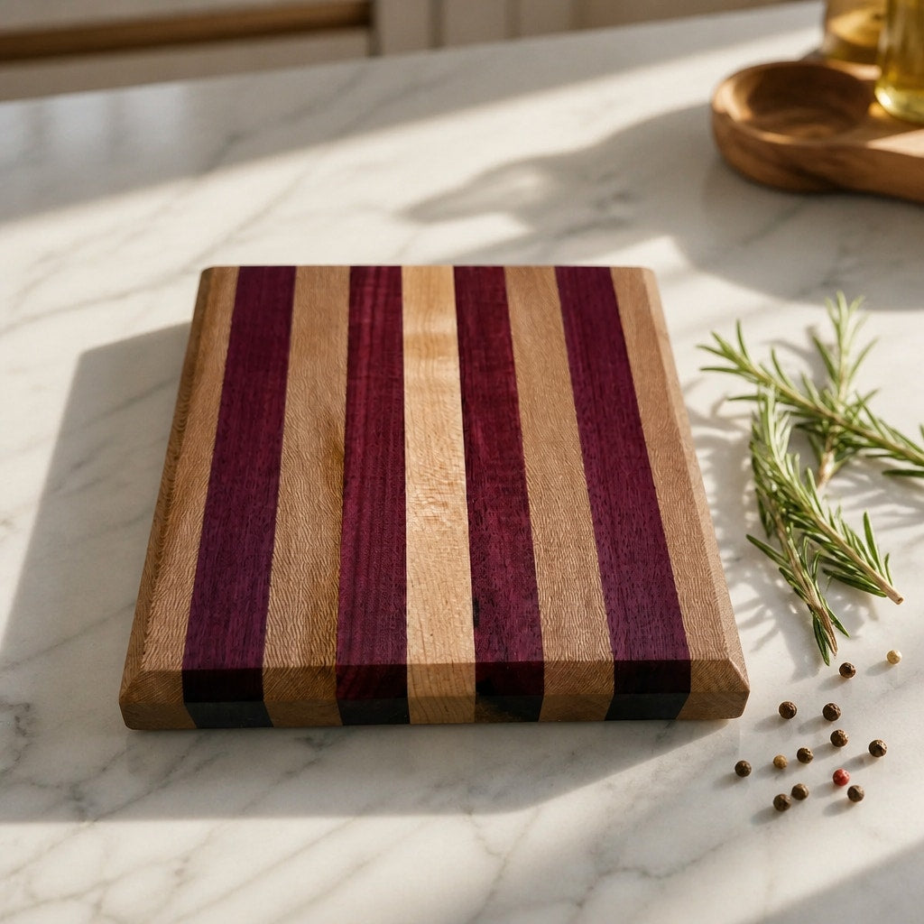 Handcrafted Edge Grain Cutting Board, Sycamore Maple, Purple Heart, SKU 1482