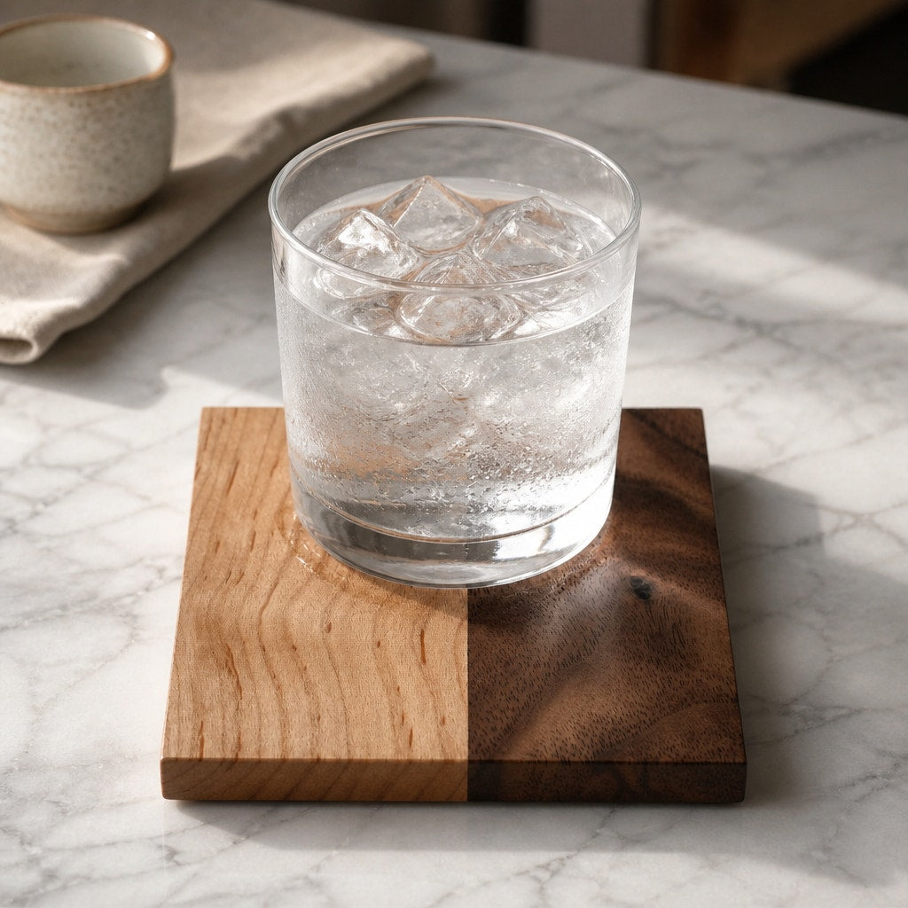 Handcrafted Hardwood Coaster Set of Four, dual-wood design, optional stand, choice of patterns and woods, 4x4 or 4.25x4.25