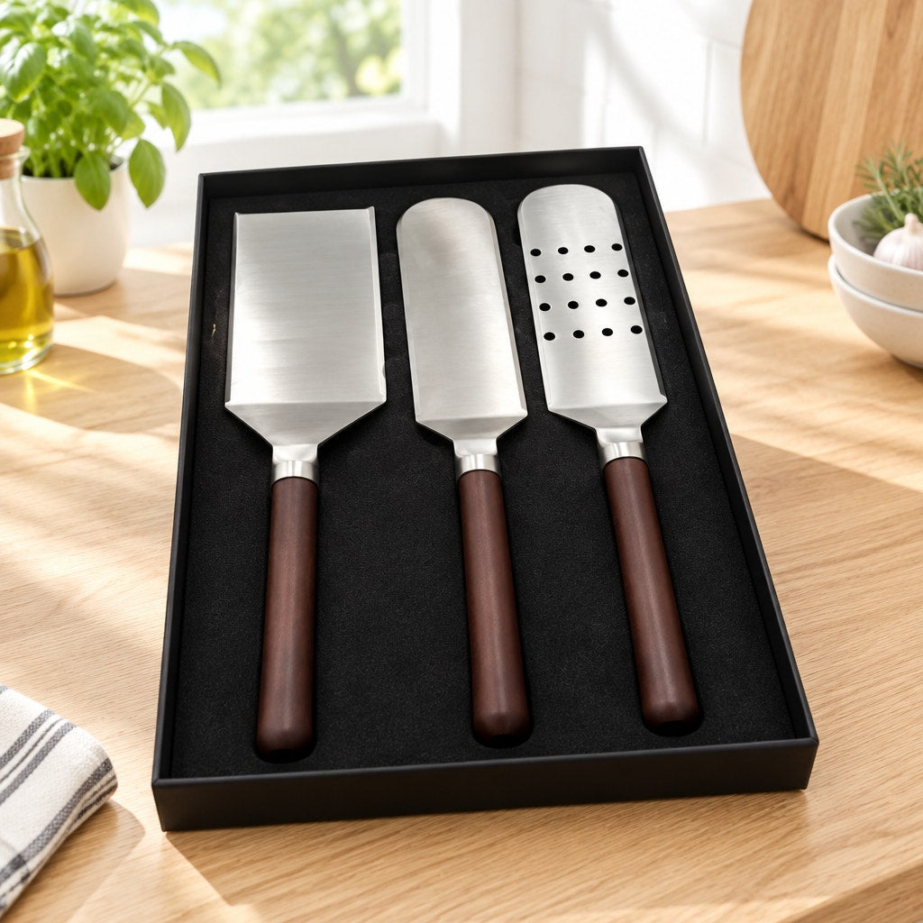 Handcrafted Griddle Spatula Set of 3, Roasted Maple Handles, Stainless Steel Blades, Gift Box