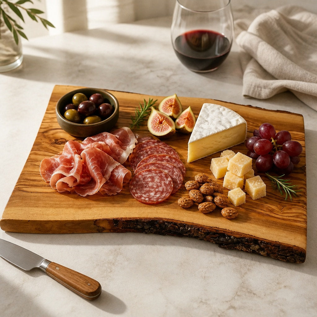 Italian Olive Wood Charcuterie Board 15x10x.75, live edge serving tray, durable cutting board, natural grain pattern, handcrafted kitchen, o