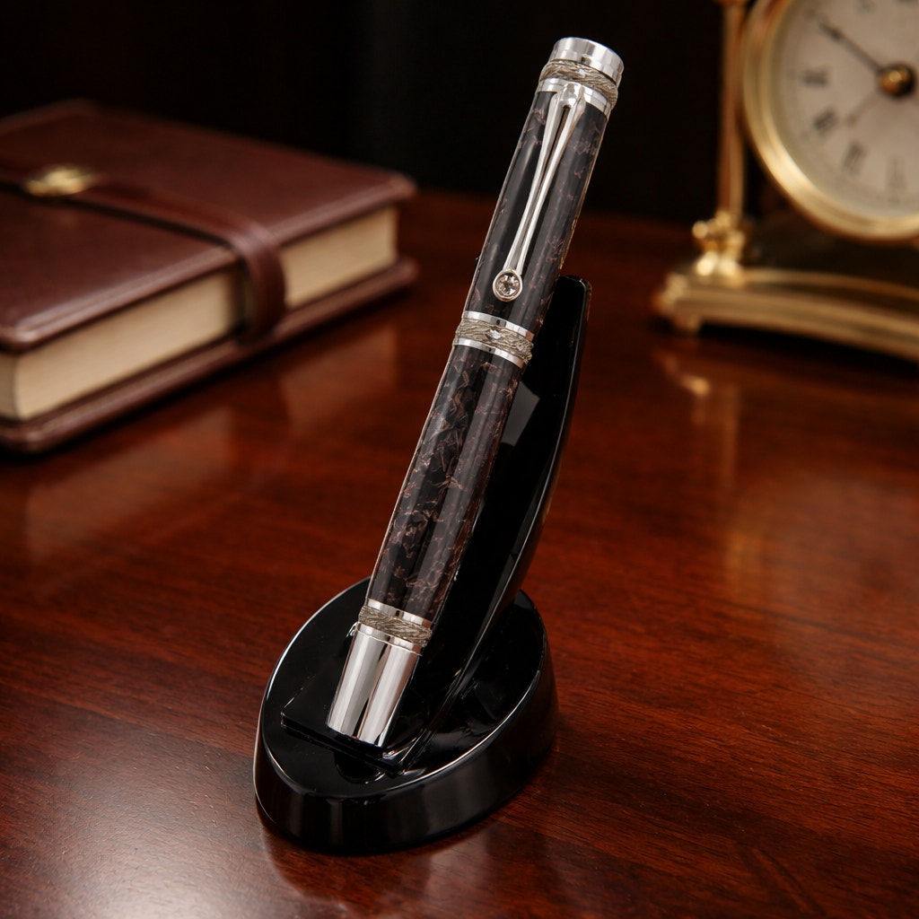 One of a Kind Fordite Barrel Rollerball Pen, handmade artisan pen, silver details, refillable ink, professional writing tool