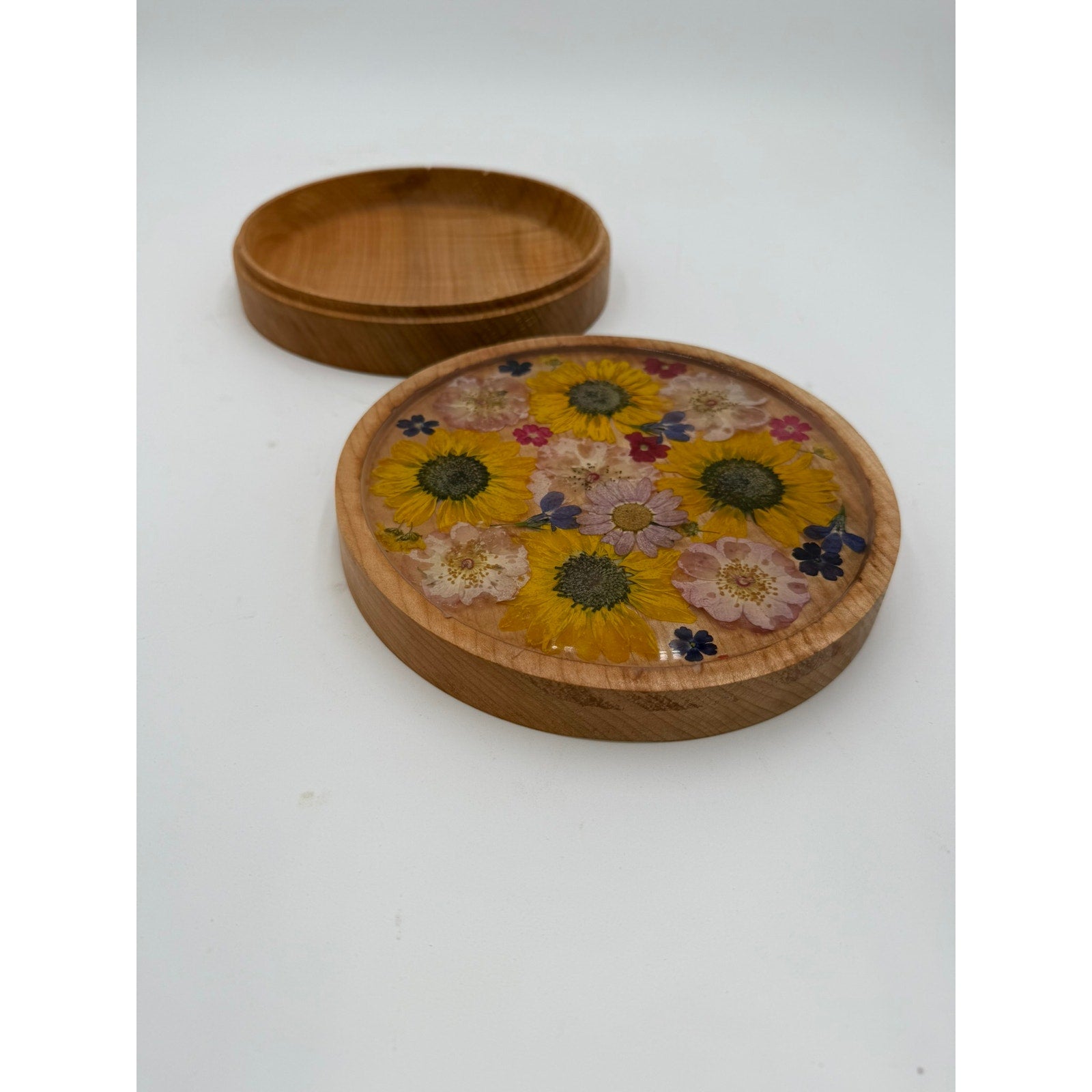 Figured Maple Floral Keepsake Box with Lid, pressed flowers in epoxy inlay, hand turned wood, jewelry storage, 7.75 x 2 in, one of a kind