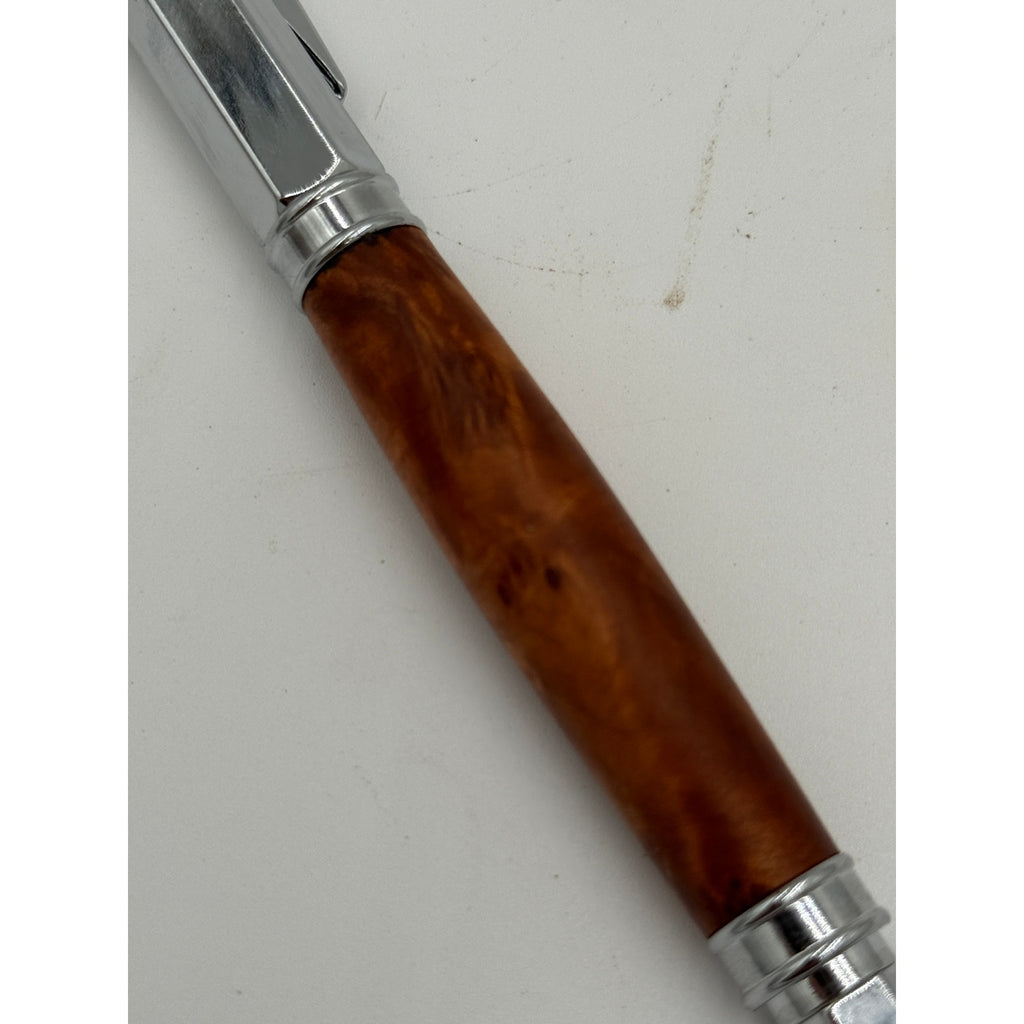 Vertex Rollerball Pen in Thuya Burl Wood, Hand Turned Barrel, Chrome Finish, SKU 1558
