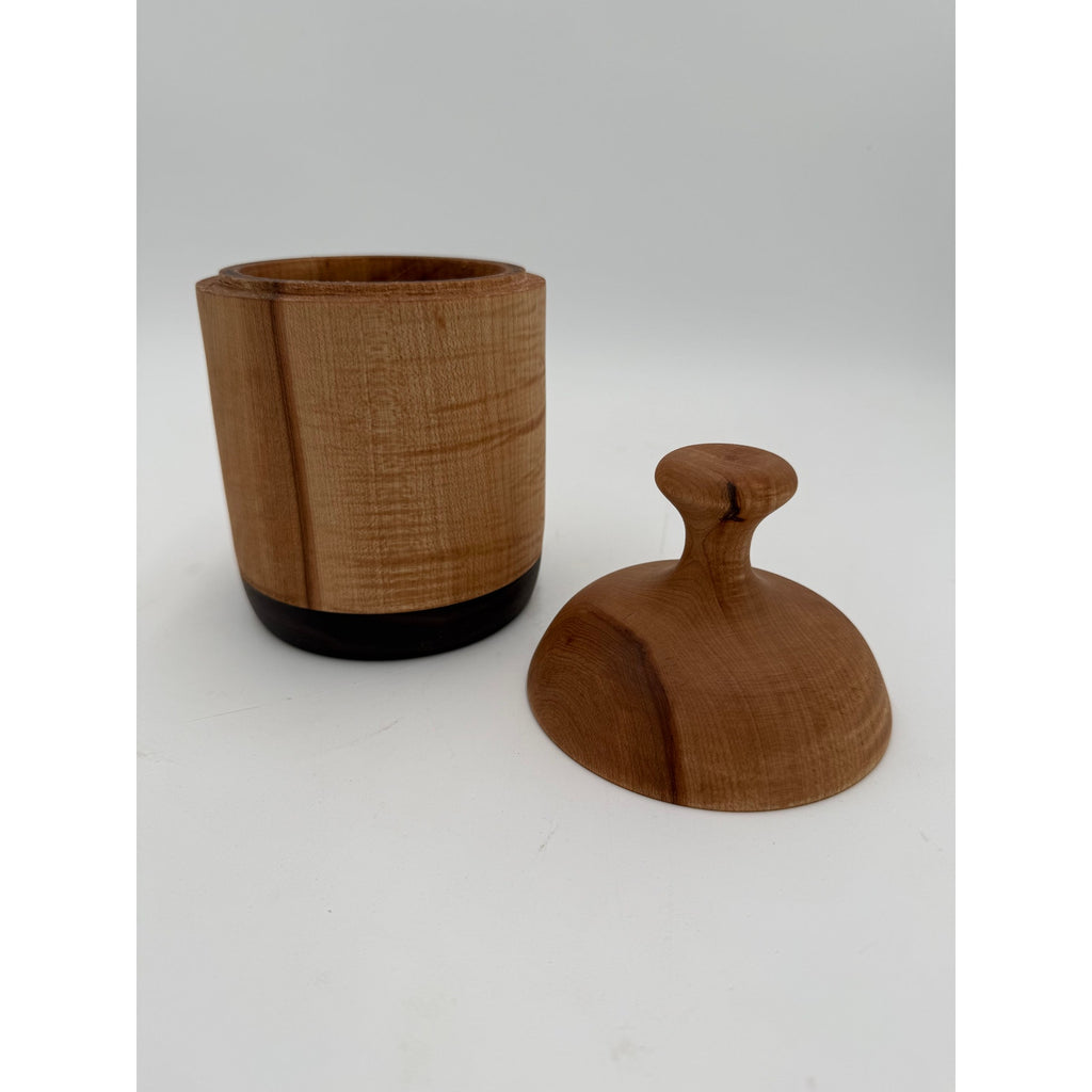 Hand Turned Figured Maple Lidded Box with Walnut Base, 4.25 x 7.5, tea bag storage, key holder, catchall, kitchen canister
