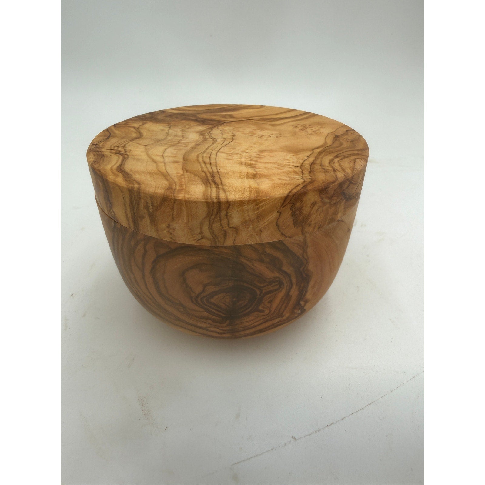 Olivewood Salt Cellar with Swivel Lid, Solid Wood, Hidden Hinge, Magnetic Latch, 4x3 Tall, SKU 1428