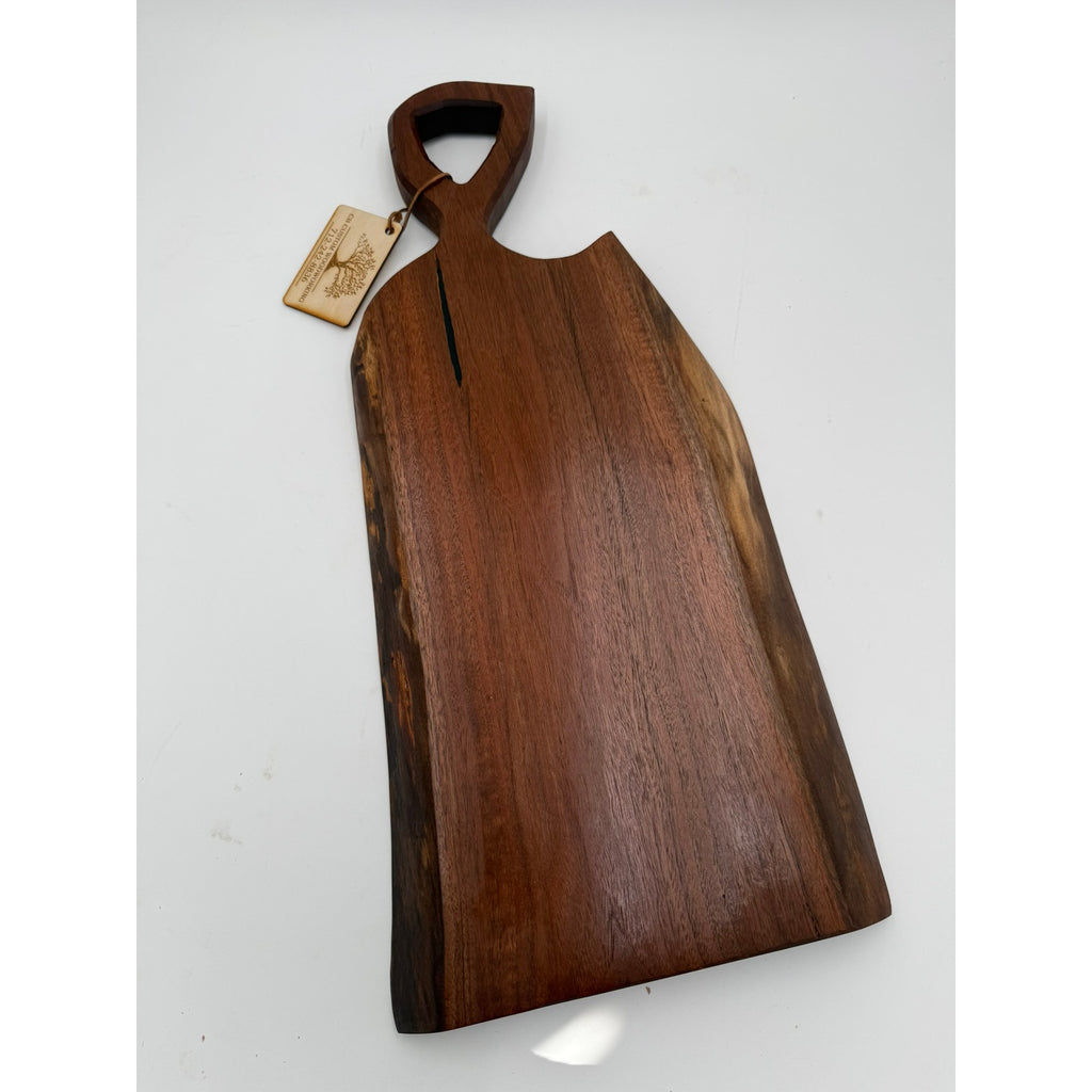 Heirloom Walnut Live Edge Charcuterie Board, thick and substantial, 23.5 x 11 x 1.5, wrought iron handle, serving tray, decorative kitchen