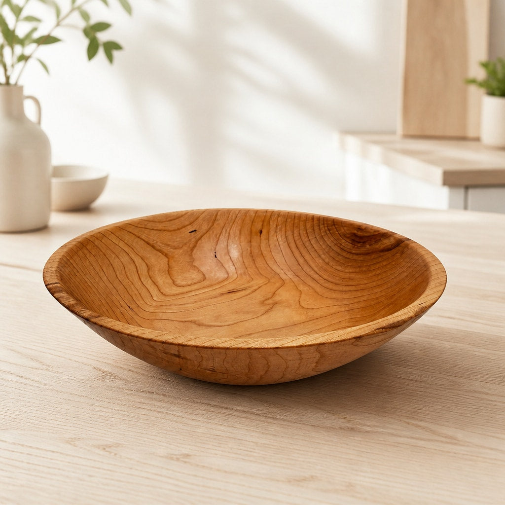 Hand Turned Cherry Wood Bowl, 9.5 x 2.25 Inches, Rustic Decor, SKU 1412