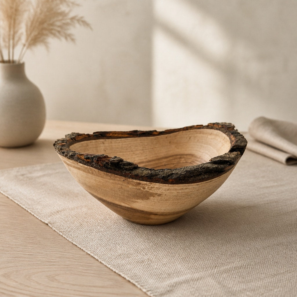 Live Edge Shagbark Hickory Hand Turned Bowl, rustic decor, natural bark rim, 7.5 x 7 x 3.5 in, food safe finish