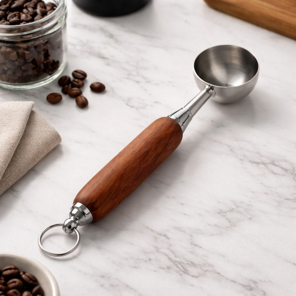 Hand Turned Wood Handle Coffee Scoop, stainless steel head, food safe finish, 1 tablespoon measure, barista gift