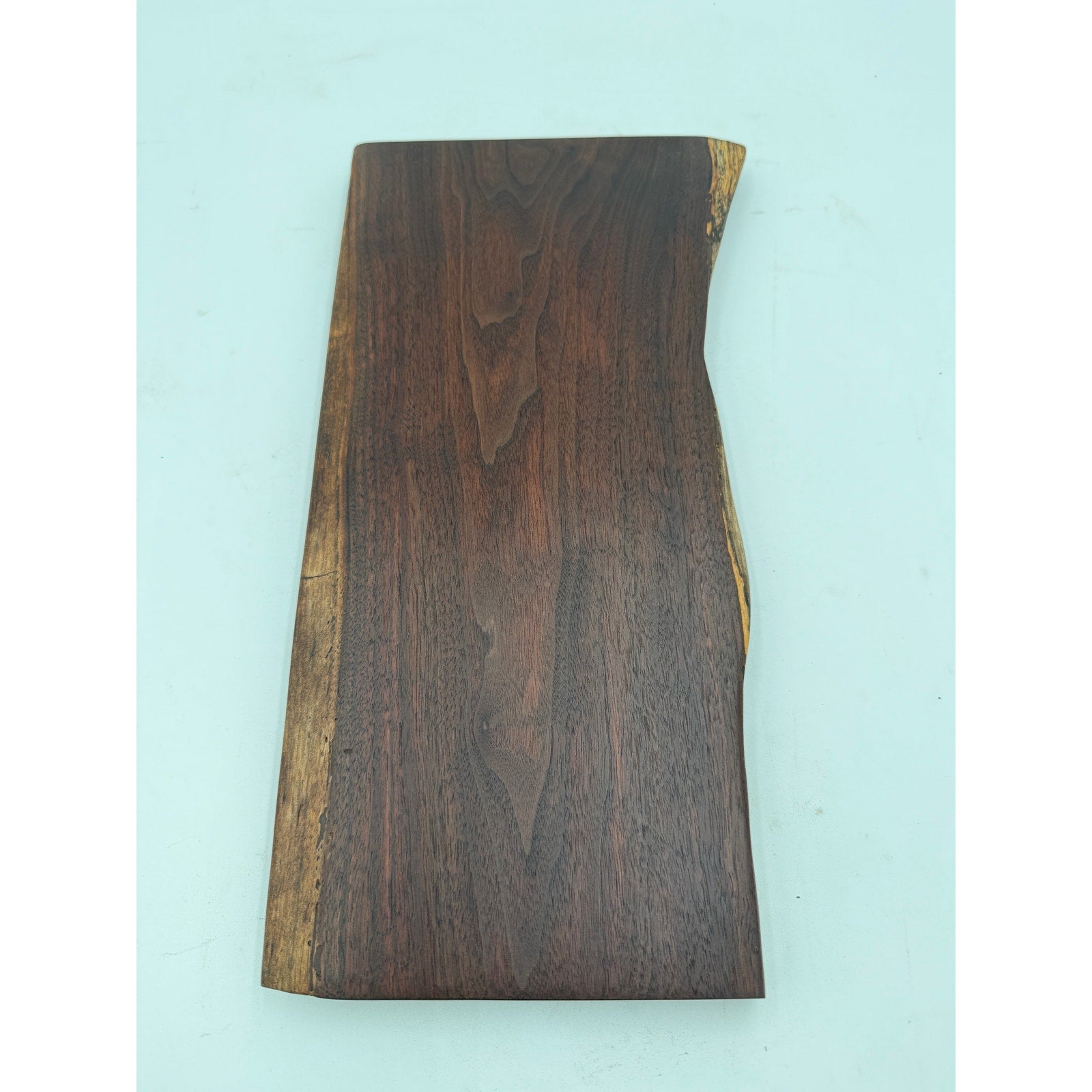 Handcrafted Walnut Live Edge Charcuterie Board, 15x8x1 size, rich dark coloring, intricate grain pattern, food safe finish
