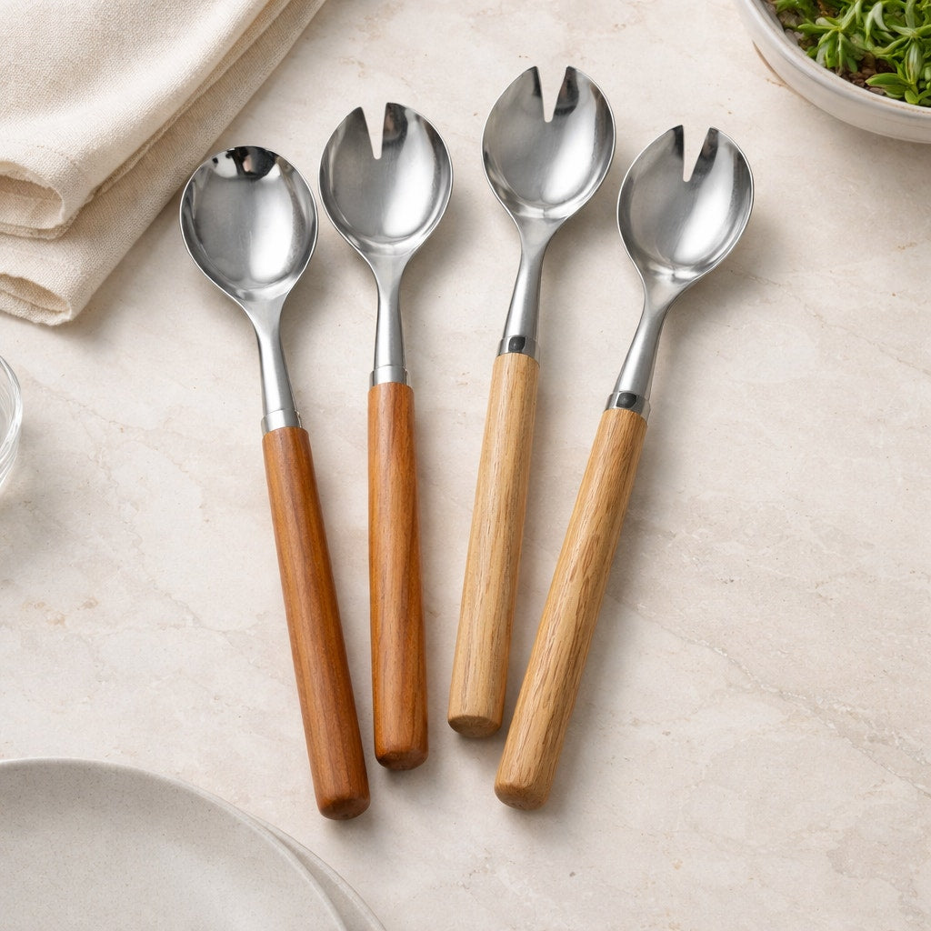 Hand Turned Wood Handle Salad Server Set, stainless steel heads, food safe finish, oak or cherry, handmade kitchen gift