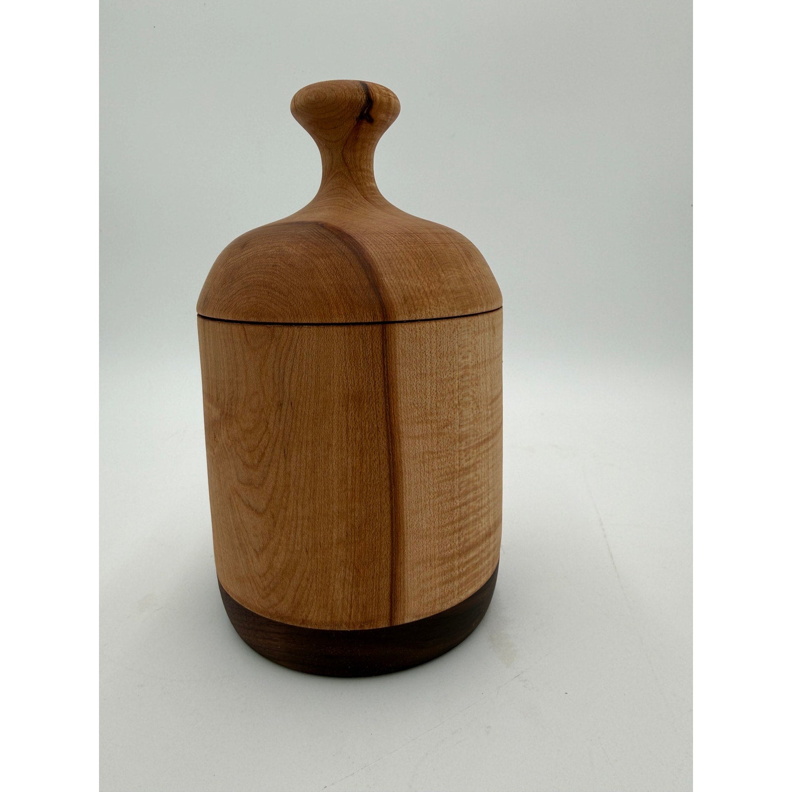 Hand Turned Figured Maple Lidded Box with Walnut Base, 4.25 x 7.5, tea bag storage, key holder, catchall, kitchen canister