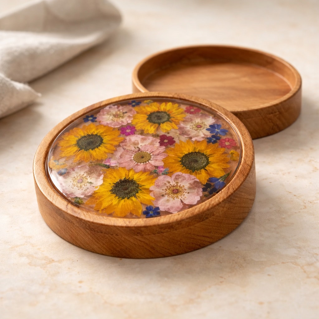 Figured Maple Floral Keepsake Box with Lid, pressed flowers in epoxy inlay, hand turned wood, jewelry storage, 7.75 x 2 in, one of a kind